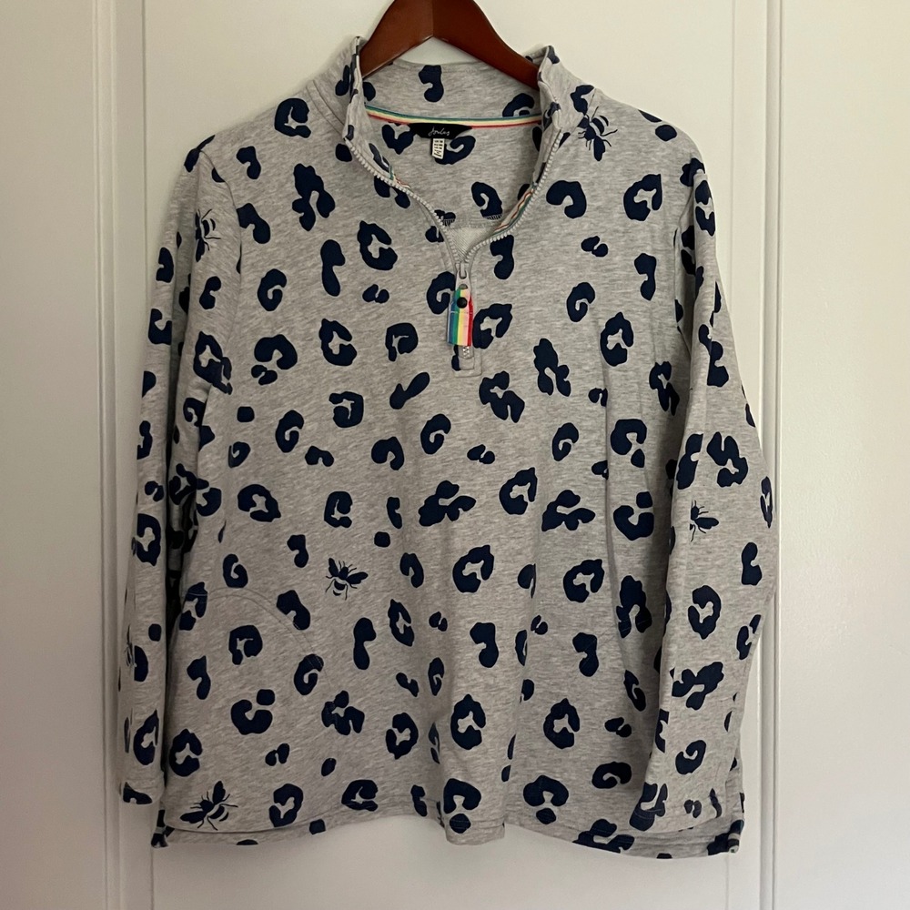 Joules Gray Leopard Bee Print Quarter Zip Sweatshirt Mock Neck Rainbow Pull 14